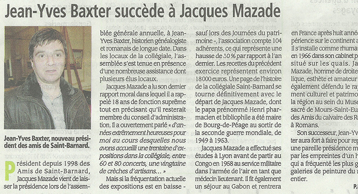 Drôme Hebdo, 22 décembre 2016 : Jean-Yves Baxter succède à Jacques Mazade