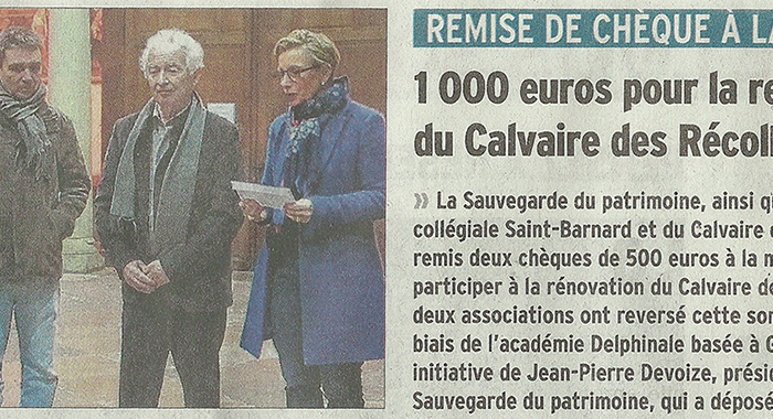Le Dauphiné Libéré, 13 janvier 2017 : 1 000 euros pour la restauration du Calvaire des Récollets
